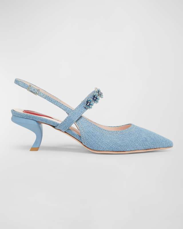 Virgule Flower Slingback Denim Pumps